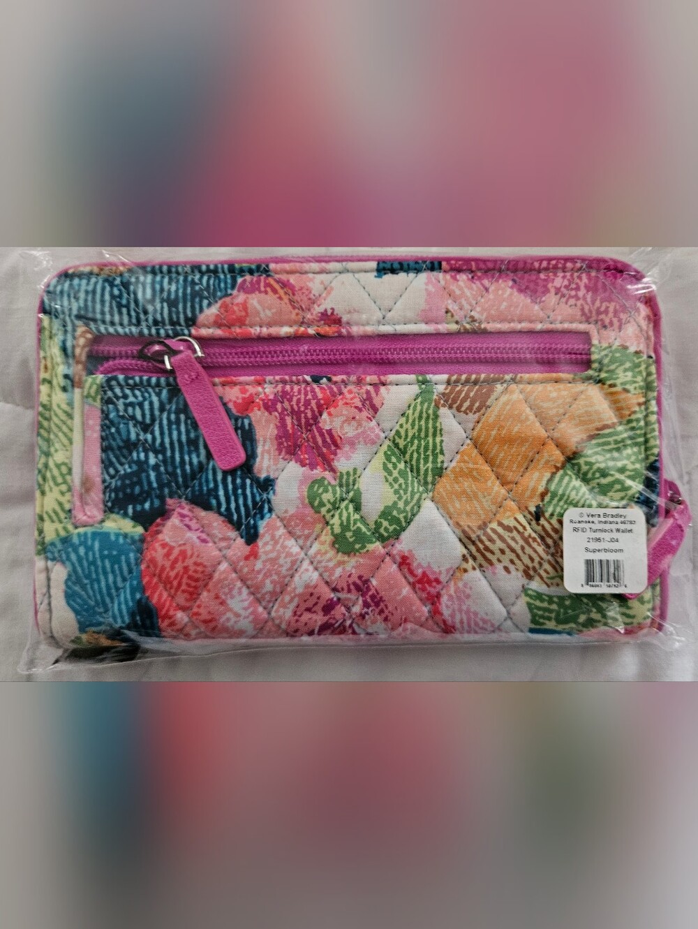 Vera Bradley "Superbloom" Quilted Turnlock Floral Wallet in Pink, Blue, Green - Picture 2 of 5